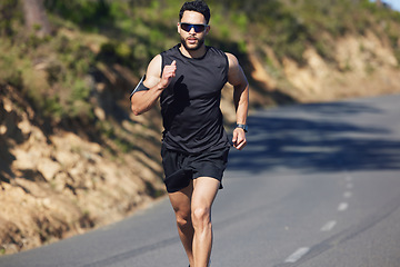 Image showing Fitness, workout and man running on road for health, exercise and sports marathon. Challenge, freedom and training with athlete runner in street for wellness, achievement and cardio in outdoor