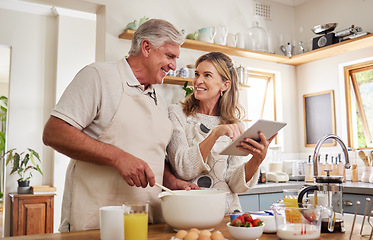 Image showing Cooking, tablet and senior couple with video for breakfast food on the internet in the kitchen of their house. Elderly man and woman talking about digital recipe on technology for lunch in their home