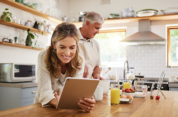 Image showing Woman, tablet and old couple in home kitchen on social media, internet surfing or reading news. Retirement, elderly husband and wife in house with 5g mobile and streaming web content on digital tech.