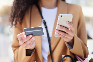 Image showing Woman online shopping, credit card payment and smartphone fintech for safe e commerce internet retail purchase. Mobile finance, digital transaction and banking app for ecommerce customer convenience