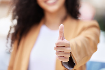 Image showing Thumbs up, happy and woman in agreement with sale while in the city of Amsterdam. Girl with emoji hand for goal, thank you or happiness while shopping for fashion with smile and mock up space