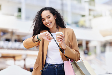 Image showing Shopping, sale and woman check time on watch for announcement date, retail discount or fashion on offer with a schedule. Happy girl with shopping bag, gift or present for her holiday planning in city