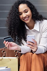 Image showing Online shopping, payment and customer with phone and credit card for fintech online payment of sale product. E commerce banking, digital retail and black woman happy with gift card financial purchase