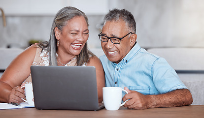 Image showing Movie, internet and senior couple streaming a video on social media with coffee in house. Happy elderly man and woman with laptop for subscription service and tea to relax while watching comic show