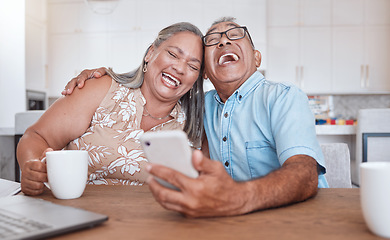 Image showing Funny, smartphone and senior couple with comedy subscription, social media meme or mobile video call together at home. Love of elderly people with multimedia technology for retirement web networking