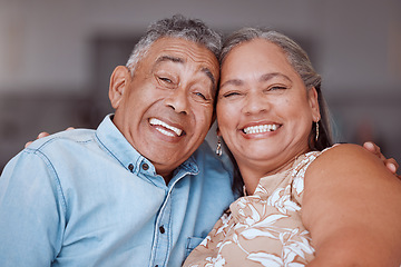 Image showing Happy senior couple, portrait smile and relationship bonding together in joyful happiness at home. Man and woman smiling for retirement in love and care for romantic time and relax at the house