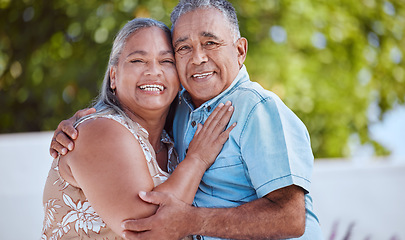 Image showing Love, senior couple and hug with smile, happy and bonding to celebrate, relationship, marriage and being romantic together. Portrait, mature man and woman hold each other, being loving or for romance