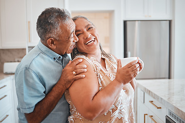 Image showing Love, laughing and elderly couple embrace in kitchen, having fun, talking and being silly together. Happy family, relax and retirement by senior man and woman enjoy conversation and relaxed lifestyle