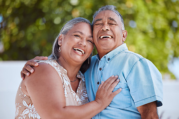 Image showing Love, senior couple and hug happy to celebrate marriage, anniversary and retirement together outdoor being romantic, content and smile. Romance, elderly man and woman on holiday, vacation and relax.