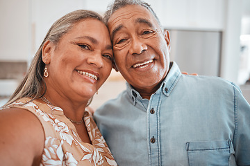 Image showing Smile, selfie and happy old couple love bonding in a peaceful marriage commitment at home. Senior woman enjoys freedom, portrait and quality time in retirement with a calm elderly partner in Lisbon