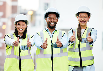 Image showing Thumbs up, success and construction employees in collaboration for building goal in city of New Zealand together. Portrait of team of engineer workers with a thank you and agreement in architecture