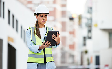 Image showing City, digital tablet and woman construction worker with software app for management, site planning and building progress check. Engineer manager in safety gear and 5g technology for urban development