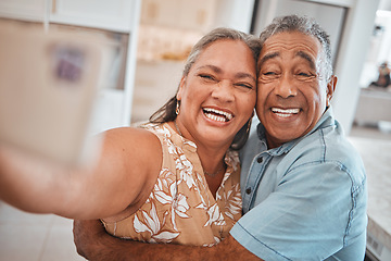 Image showing Smartphone, selfie and senior couple hug together in home retirement celebration, social media update or online digital gallery memory. Happy, love and quality time elderly people in portrait picture