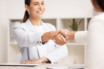 Image showing Handshake, business woman and interview for loan agreement for business and startup company. Employee, b2b or confirm contract for partnership, collaboration or work for successful investment project