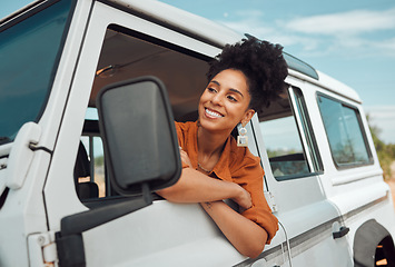 Image showing Road trip travel, black woman and window freedom to relax in camping car, summer countryside and vacation adventure in Africa. Happy young female stop on van driving journey in nature for inspiration