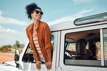 Image showing Black woman on road, enjoying window view of desert and traveling in suv on holiday road trip of South Africa. Travel adventure drive, happy summer vacation and explore freedom of nature in the sun