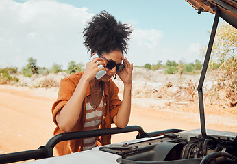 Image showing Worried woman, phone call and engine problems speaking to engineer or mechanic on a desert road in nature. Stressed black female calling roadside assistance on smartphone for mechanical issues