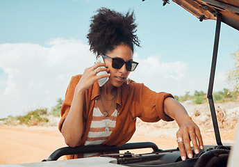 Image showing Phone, call and road trip with a woman in need of roadside assistance after vehicle breakdown while on vacation. Car, travel and communication with a young female calling for help during an emergency
