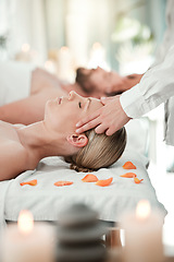 Image showing Spa, couple head massage and healthcare or skincare of a woman feeling relax and peace. Wellness, beauty and luxury facial body therapy and cosmetic dermatology or bodycare at a salon