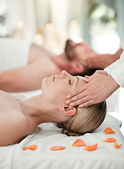 Image showing Couple, head massage or relax wellness in hotel, hospitality salon or zen spa in stress release, relax or self care. Reiki hands, man or woman on table bed for peace, headache relief or healthy sleep
