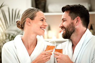 Image showing Spa couple, wine glass toast and celebration of love, relax and wellness luxury hotel on vacation together. Smile man, happy woman and champagne drink cheers at body massage salon to celebrate date