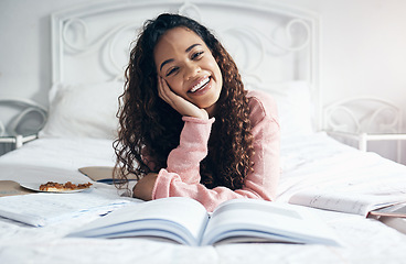 Image showing Portrait college student studying in bedroom with research notebooks, exam reading and education project at home. Happy woman, young girl and academic school learning of knowledge in campus dormitory