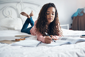 Image showing Student in bed, black woman from Atlanta or planning for education, learning or study for college, school or university. Scholarship, thinking or working on project, notebook or studying in bedroom