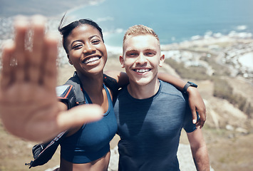 Image showing Interracial couple, selfie or hiking on mountains in nature environment, Monaco landscape or remote countryside hills. Portrait, happy smile or black woman with fitness man in social media photograph