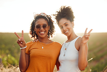 Image showing Women, friends and happy with hands show peace on road trip, travel or vacation together. Black woman, smile and sign language showing harmony outdoor in happiness, solidarity and relax in summer