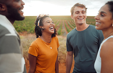 Image showing Friends, group and travel while happy on road trip in countryside, nature and farm together for fun, relax and vacation. Diversity, comic and laughing on agriculture land on holiday in summer