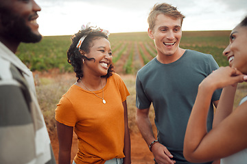 Image showing Communication, comic and friends talking in nature while on holiday together in summer. Group of young, happy and funny people speaking during travel, adventure and walk in countryside on vacation