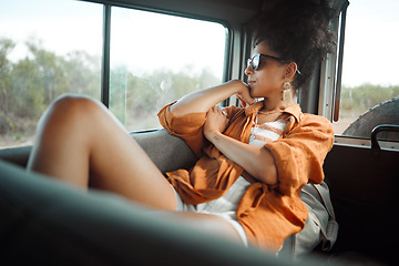 Image showing Road trip, countryside and travel woman in van thinking about holiday adventure, journey or nature love. Calm and relax passenger girl with sunglasses at caravan window for natural drive or transport