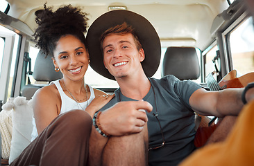Image showing Couple, road trip or bonding in camper travel on safari game drive in nature desert environment or Kenya landscape location. Portrait, smile or happy interracial man or black woman on camping holiday