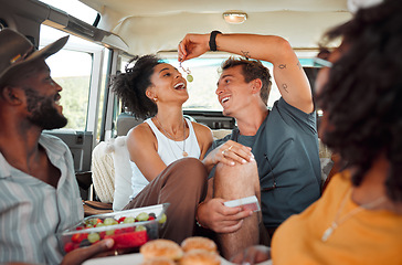 Image showing Road trip, fruit and healthy couple eating in van for countryside lifestyle, travel or holiday camping journey. Relax friends or people with farm food, lunch or grapes and games in a caravan together