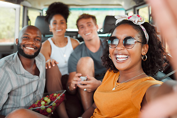 Image showing Selfie, smile and friends on a road trip in car for travel adventure together. Portrait of happy, excited and young group of people with photo for social media in a van for transport while on holiday