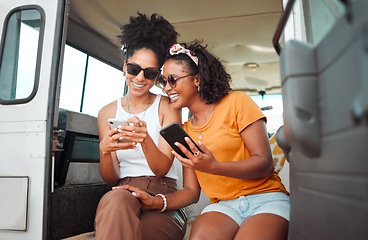 Image showing Black friends, phone and social media travel in communication together for road trip adventure. Happy and excited African American women sharing moments of traveling on mobile smartphone for vacation