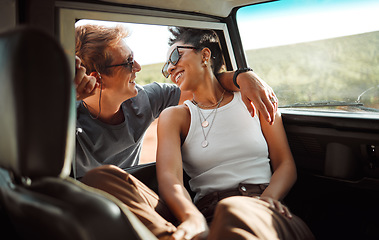 Image showing Travel, happy and road trip love of a couple together ready for a car summer holiday trip. Happiness and smile of a boyfriend and girlfriend relax on a motor transportation drive break in the sun