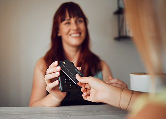 Image showing Credit card, cafe customer and rfid payment at cashier, waiter service and point of sale machine. Worker hands process finance, money and retail shopping, cash register and fintech pos in coffee shop