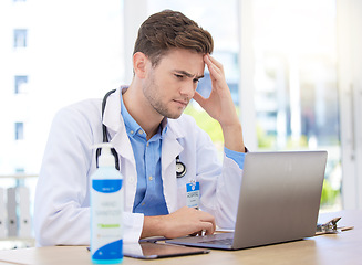 Image showing Headache pain, doctor stress and laptop with burnout from hospital work, sad about mental health problem and anxiety working in healthcare. Tired medical expert with depression and mistake at clinic