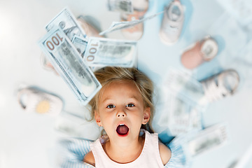 Image showing Child, dollar and shoes above with wow, excited or surprise look on face in mockup for saving, sale or retail shopping. Finance, money and investment for learning, financial and education of girl