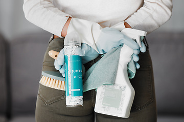 Image showing Hands, cleaning and disinfectant with a woman in her home to clean, service or for housekeeping. Work, dirt and care with a female janitor washing her house for hygiene, sanitary or fresh household