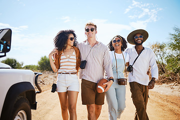 Image showing Travel, diversity and friends on a road trip for happy summer holidays, vacation and sunny caravan adventure as tourists. Smile, men and young women walking outdoors enjoying nature in Australia
