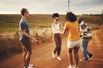 Image showing Travel, friends road trip and happy free dance with diversity dancing together in a countryside. People having fun with quality time and positive traveler energy feeling freedom on a dirt trail