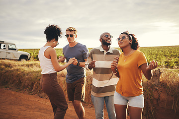 Image showing Diversity, friends and dance outdoor on holiday, vacation and relax together on dirt road trip in countryside. Group, students happy and travelling in summer for getaway or fun weekend away as couple