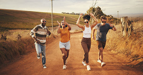 Image showing Safari, walking and friends singing on holiday in nature of Cairo together in summer. Group of playful, comic and funny people with dance on walk in countryside while on adventure vacation for peace