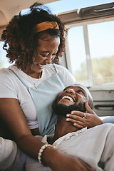 Image showing Black couple, smile and laugh for love in road trip adventure, travel and relaxing together. African American man and woman in loving, caring and embracing relationship for traveling in nature