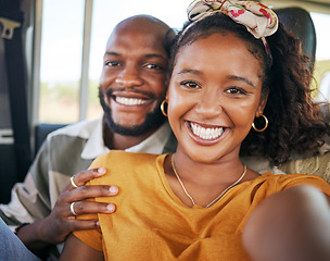 Image showing Selfie, road trip and couple with a black woman and man on a car during a holiday or vacation together. Happy, relax and love with a young male and female in a vehicle for romance and bonding