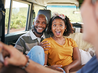 Image showing Road trip, couple in van travel and experience countryside adventure holiday together. Summer safari adventure, happy black couple relax in a caravan and listen to nature tour guide with a wow smile