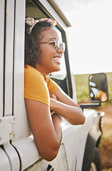 Image showing Girl, relax and window in off road car for summer travel holiday in the Colombia countryside. Colombian woman resting in vehicle for vacation journey with excited, happy and satisfied smile.