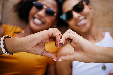 Image showing Heart sign, lgbtq couple and women happy, smile and show relationship together being romantic. Love, queer, or friends or proud black girls celebrate loving, romance or peace while relax with passion